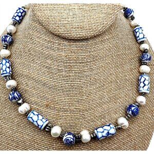 Vintage Blue White Porcelain Bead Necklace Fresh Water Pearls Traditional Motifs
